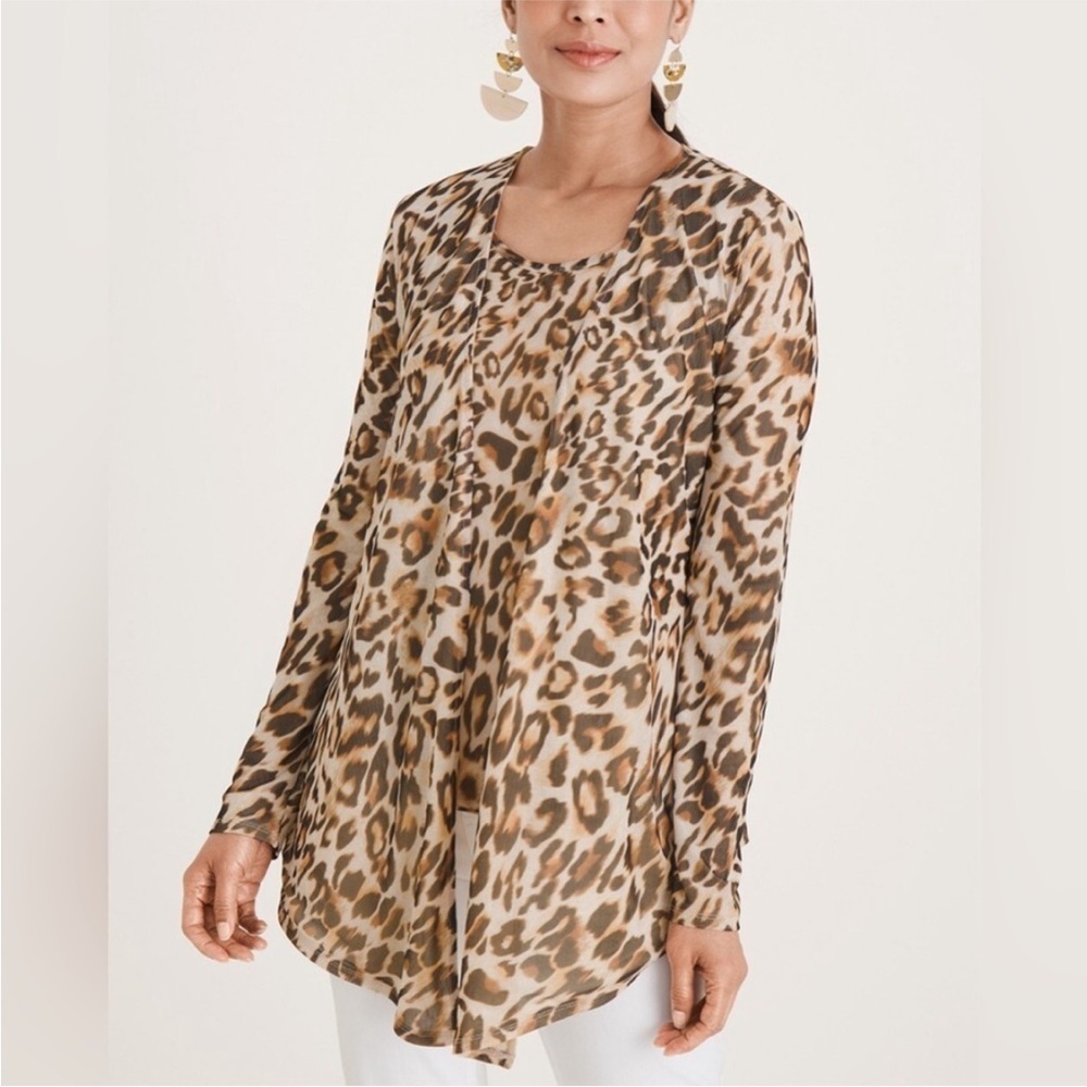 CHICO’S Cool Ocelot Print Mesh Cardigan Long Sleeve Warm Sand Size 2 US Large